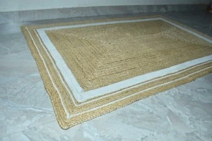 Rug Natural Jute Hand Braided Carpet Rectangle Runner Rug Carpet Beige & White - Picture 1 of 9