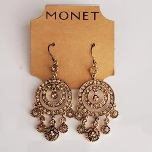 Monet Earrings Chandelier Pierced Signed Gold-tone with Yellow Rhinestones NWT - Picture 1 of 7
