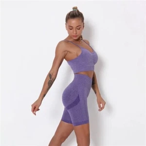 2pcs Yoga gym sport active women seamless set short sleeve with biker shorts - Picture 1 of 5