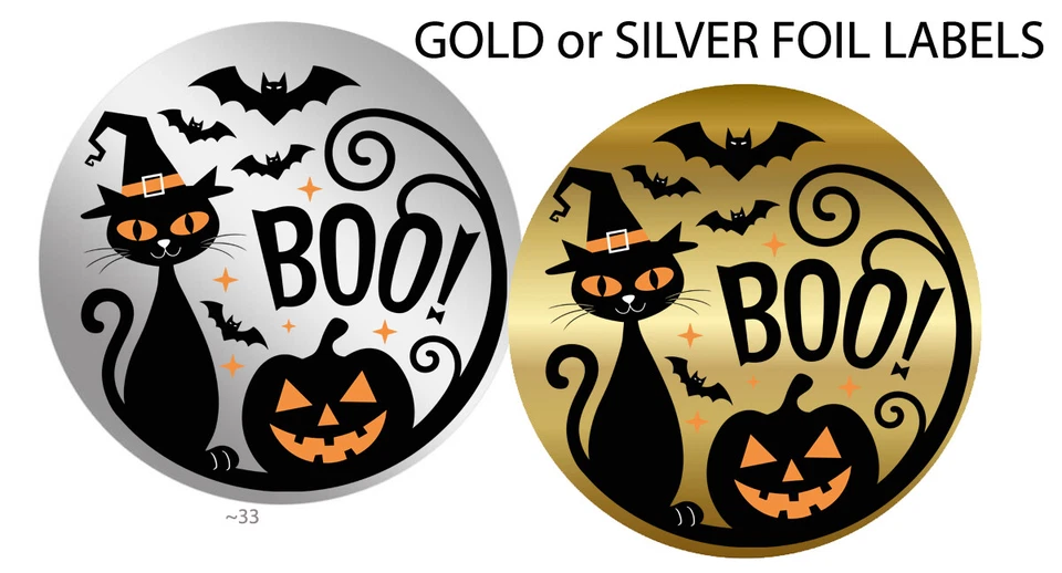 GOLD FOIL or SILVER FOIL Stickers Seals Labels Halloween Black Cat Favors - Image 1 of 1