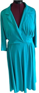 Vtg Emje 80’s Fit Flare Midi Dress Turquoise Tiffany Blue Sz L Pockets Pleated - Picture 1 of 19