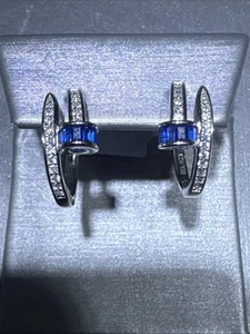 Silver 925 Earing Cz With Bleu Cz Beautiful Small (2.54g) Rhodium Plated - Picture 1 of 7