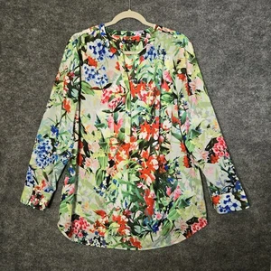 Talbots Top Womens 1X Green Blue Red Floral Garden Chiffon Pleated Office - Picture 1 of 10