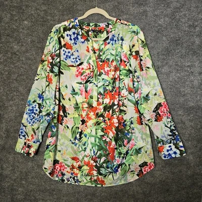 Talbots Top Womens 1X Green Blue Red Floral Garden Chiffon Pleated Office - Image 1 of 4