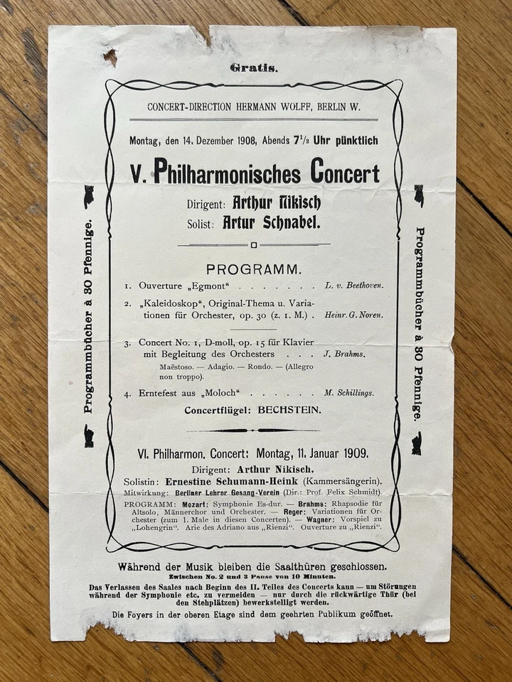1908 ARTUR SCHNABEL ARTHUR NIKISCH Berliner Philharmoniker - Bild 1 von 1