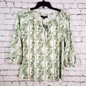 Fred David Green White V-Tie Neck Floral Top 3/4 Sleeve Blouse Size XL - Picture 1 of 12