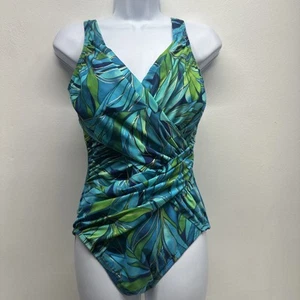 Traje de baño Miraclesuit Kirkland de una pieza inalámbrico cruzado floral azul verde 10 - Imagen 1 de 11