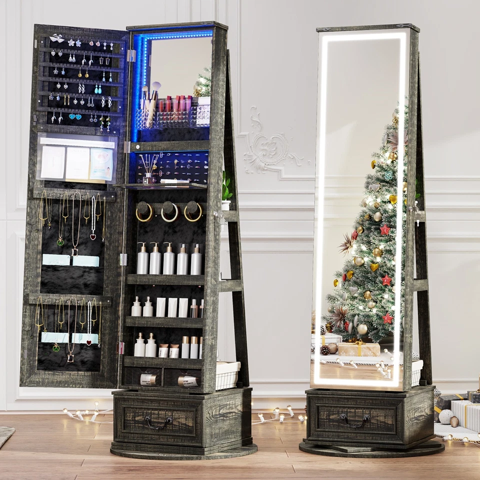 Espejo LED Joyero Gabinete de Pie, Giratorio 360° Joyería Organizadores y Almacenamiento Foto 1 de 1
