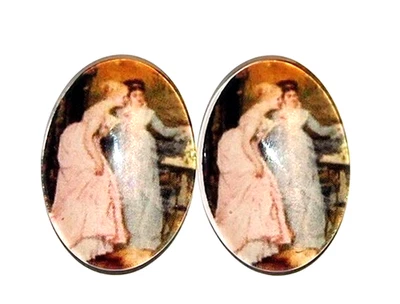 8 Vintage Multi-Colored 25x18mm Two Victorian Women Dresses Glass Cameo Cabochon - Image 1 of 4