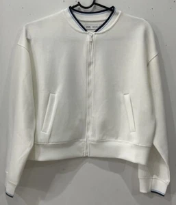 Zara Girl Size 11/12 Year White Scuba Zip Jacket Preowned Excellent Navy Trim - Picture 1 of 4