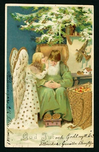 Weihnachtsmann grün mit flüsterndem Engel ~ Holly antike geprägte Weihnachts Postkarte - Bild 1 von 2