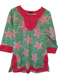Simply Southern Size Medium Green Printed Split Neck 3/4 Sleeve Tunic Top Cotton - Picture 1 of 4