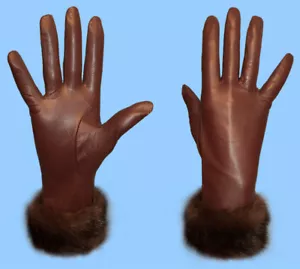 NEW WOMENS size 7 BROWN LAMBSKIN LEATHER GLOVES with DARK RANCH MINK FUR TRIM - Picture 1 of 2