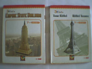 Lot de 2 puzzles 3D cartonné : Empire State Building 56 pcs, Tour Eiffel 35 pcs.