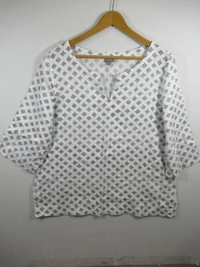 J Jill Linen Blouse Women XL Geometric V-neck 3/4 Sleeve - Picture 1 of 6