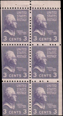 US Stamp #807a - 1938 3¢ Thomas Jefferson, Good , MNH OG (Booklet Pane of 6) - Image 1 of 2