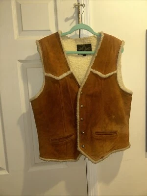 Chaleco de cuero gamuza vintage piel de oveja forrado sherpa marrón Montgomery Ward talla M Foto 1 de 4