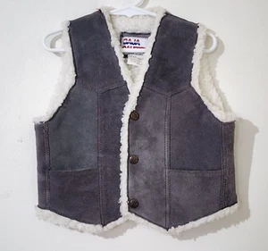 Vintage Kids Genuine Suede Leather Vest Sherpa Lined Snap Up Western Cowboy Gray - Picture 1 of 13