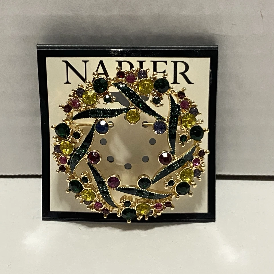 Napier Gold Tone Jewel Colored Holiday Wreath Pin Brooch Rhinestones