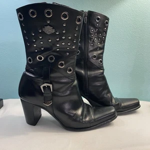 READ Harley Davidson Black Leather High Heeled Boots W/ Studs & Cutouts Size 7.5 - Picture 1 of 20