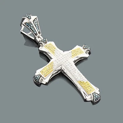 Colgante cruz diamante blanco azul amarillo plata de ley de 0,56 quilates para hombre Foto 1 de 4