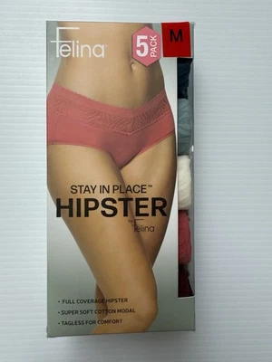 Felina Stay In Place Hipster 内裤 5 件装 M 棉莫代尔全覆盖蕾丝 — 第 1/4 张图片