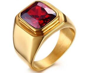 18k Gold Stainless Steel Gothic Red gems ruby Large Fashion Band Ring Unisex men
