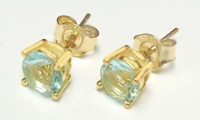 GENUINE 2.14 Cts AQUAMARINE STUD EARRINGS 14k YELLOW GOLD PLATED (.925) - NWT - Image 1 of 4
