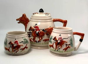 Vintage Portland Tea Pot Sugar Bowl Creamer Trio ceramic Hunting Scene Fox 1950' - Picture 1 of 21