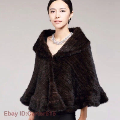 100% Real Mink Fur Shawl Wrap Cape Women Fur Coat Luxury Fur Poncho Knit Shawl - Image 1 of 4