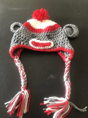 Sock Monkey Knit Hat Beanie Toddler Child Size Bright Colors Braids Red Pom Pom - Image 1 of 4