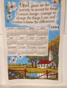 Vintage Leinen 1994 Kalender Geschirrtuch Gelassenheit Gebet Hartriegel Blumen Kirche - Bild 1 von 2