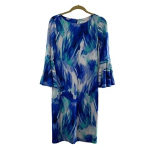 Calvin Klein Abstract Print Bell Sleeve Midi Dress Size 2 Blue/Green Watercolor - Picture 1 of 11