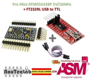 Pro Mini ATMEGA328P 5V/16MHz + FTDI FT232RL USB to TTL Serial Converter - Imagen 1 de 11