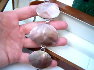 MODERNIST SOLID STERLING SILVER HUGE MOTHER OF PEARL BRACELET 8.5" 9" 9.5" ADJUS - Picture 1 of 14