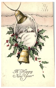 A Happy New Year Bells and Mistletoe New Year Postcard Posted 1916 - Picture 1 of 2