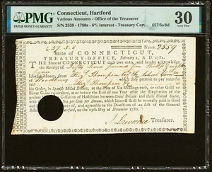 1780's Connecticut Colonial Trerasury Note - Fascinating Colonial Doc - PMG 30 - Picture 1 of 2