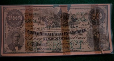 Lemley Antique Note $10 1861 Confederate States of America Fac-Simile Richmond  - Image 1 of 2