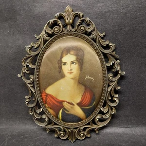 Vintage viktorianisches Damenportrait auf verziertem Messing Metallrahmen Seide Italien - Bild 1 von 12