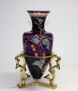FENTON CONNOISSEUR COLLECTION ROYAL PURPLE HAND PAINTED VASE W/STAND #694/890 - Picture 1 of 4