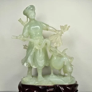 Antigua Estatua China Jade Verde Tallada Hombre Pato Ganso Original Soporte Caja - Imagen 1 de 24