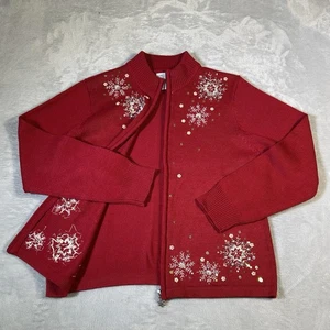 Cárdigan Suéter De Colección Navidad Para Mujer L Rojo Brillante Copos de Nieve Cremallera Bordada - Imagen 1 de 11