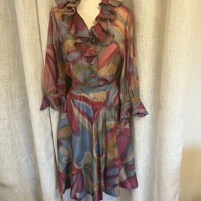 60’s Handmade Watercolor Full Skirt & Ruffle Blouse S Womens Flounce Sheer Retro - Image 1 of 4