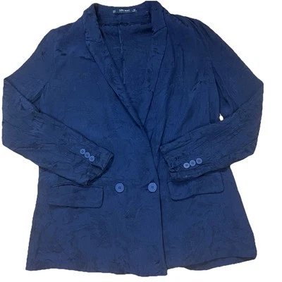 Zara Navy Jacquard Floral Blazer Sz S Textured Brocade Whimsygoth Model Off Duty - Image 1 of 4