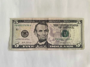 2017 FIVE Dollars Note $5 Dollar real paper money US United State PB 89337698 A - Picture 1 of 3