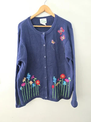 Quacker Factory Easter Floral Butterfly Beaded Embroidery Cardigan Sweater 1X - Image 1 of 4