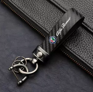 Car Black Carbon Fiber Leather Rope Keychain Key Ring For Alfa Romeo - Foto 1 di 3