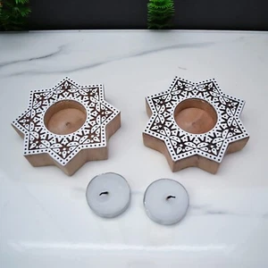 Handmade Wooden Block Print Star Shaped Candle Holder Set of 2 - Picture 1 of 3
