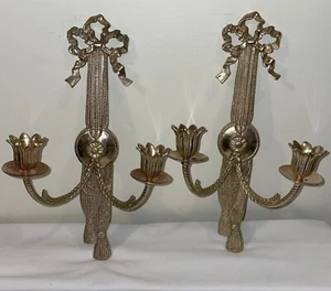 2 Vtg Andrea Sadek MCM Solid Brass Tassels Ribbons Wall Sconce Candle Holders - Picture 1 of 23