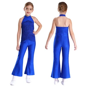 Kids Girls Bodysuit Fringed Rompers Disco Leotard Latin Overalls Halter Dance - Picture 1 of 65